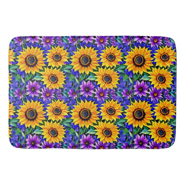 Purple Flowers and Yellow Sunflowers Floral Bath Mat (Front)