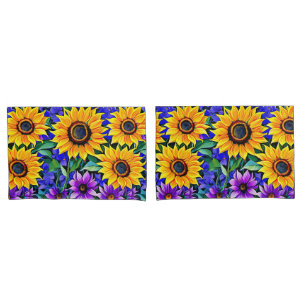 Purple Flowers and Yellow Sunflowers Floral Pillowcase