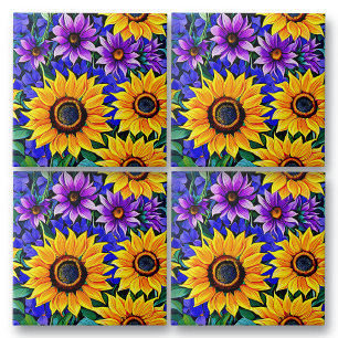 Purple Flowers and Yellow Sunflowers Floral Tile