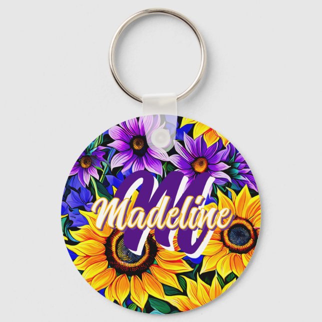 Purple Flowers and Yellow Sunflowers Personalised Key Ring (Front)