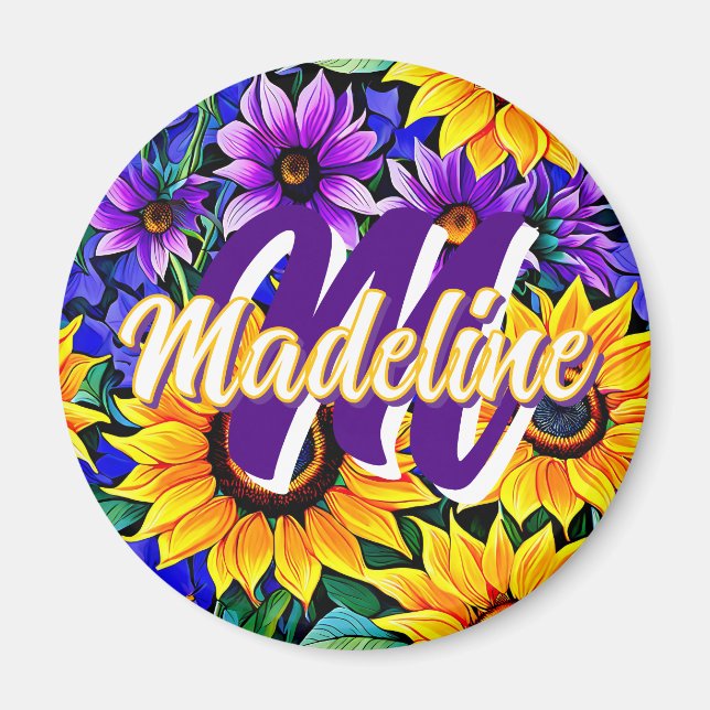 Purple Flowers and Yellow Sunflowers Personalised Magnet (Front)