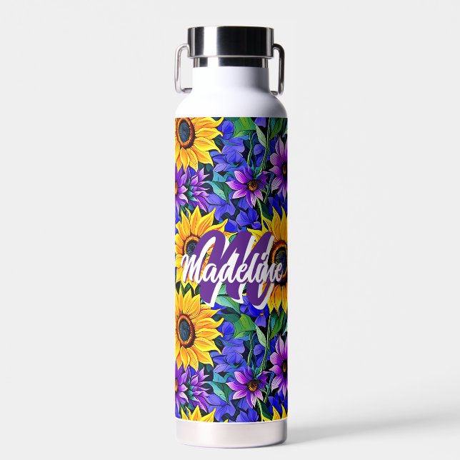 Purple Flowers and Yellow Sunflowers Personalised Water Bottle (Front)