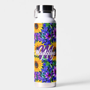 Purple Flowers and Yellow Sunflowers Personalized Water Bottle