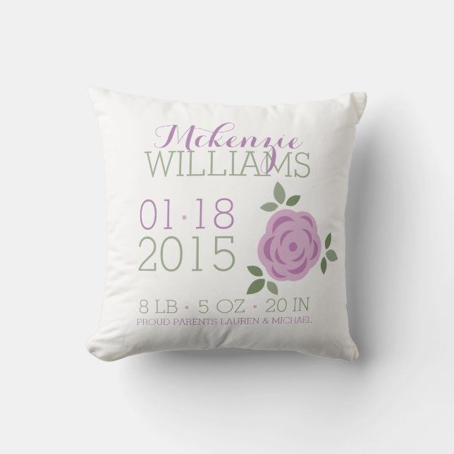 Purple Flowers Baby Birth Announcement Cushion (Front)