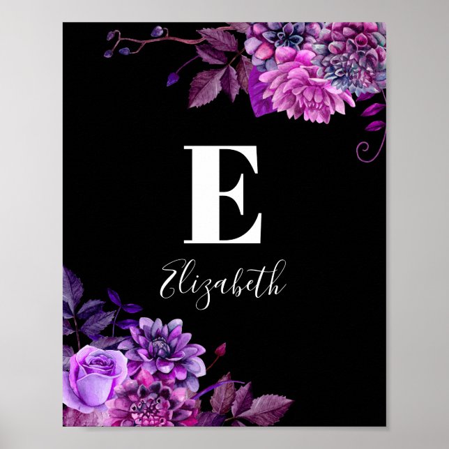 Purple flowers. Baby girl monogram. Black nursery Poster (Front)
