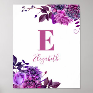 Purple flowers. Baby girl name & monogram. Nursery Poster