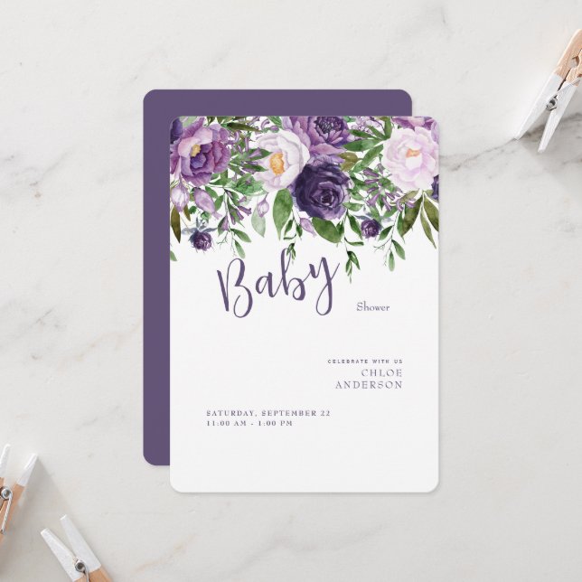 Purple Flowers Baby Girl Shower Rounded Invitation (Front/Back In Situ)