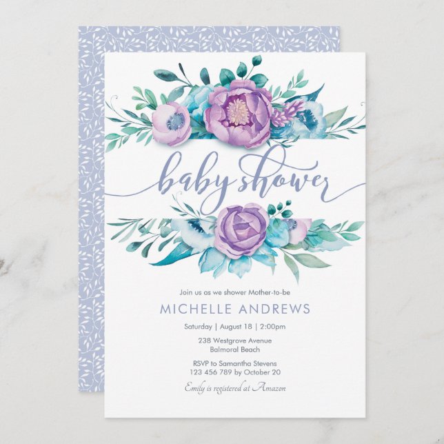Purple Flowers Baby Shower Invitation (Front/Back)