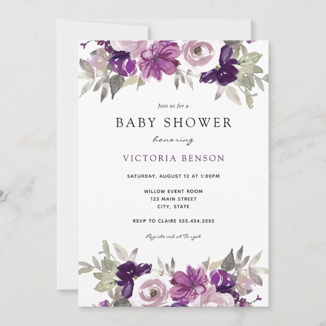Purple Flowers Baby Shower invitation (Front)