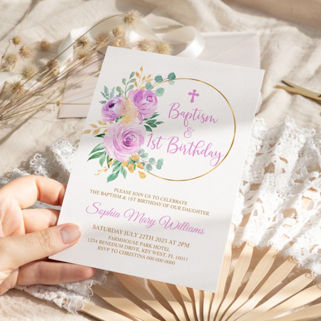 Purple Flowers Baptism & First Birthday  Invitation (Creator Uploaded)