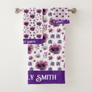 purple flowers bath towel set