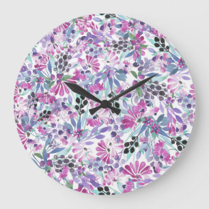 Purple Flowers & Berries: Watercolor Large Clock