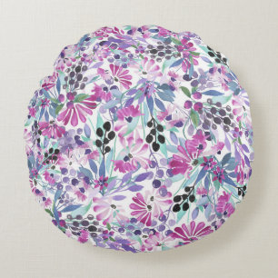 Purple Flowers & Berries: Watercolor Round Cushion