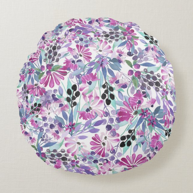 Purple Flowers & Berries: Watercolor Round Cushion (Front)