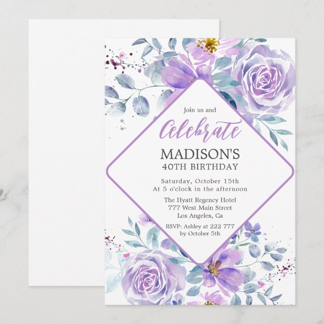 Purple Flowers Birthday Invitation (Front/Back)