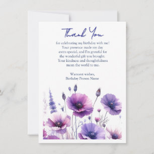 Purple Flowers Birthday Party  Thank You Card