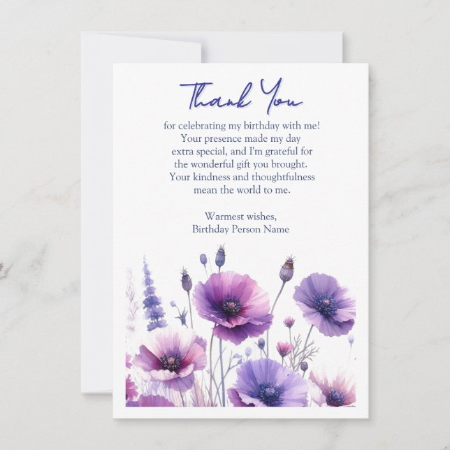 Purple Flowers Birthday Party  Thank You Card (Front)