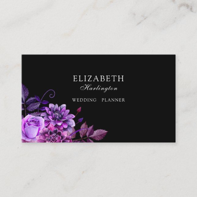 Purple flowers. Black card. Florals. Botanical Business Card (Front)