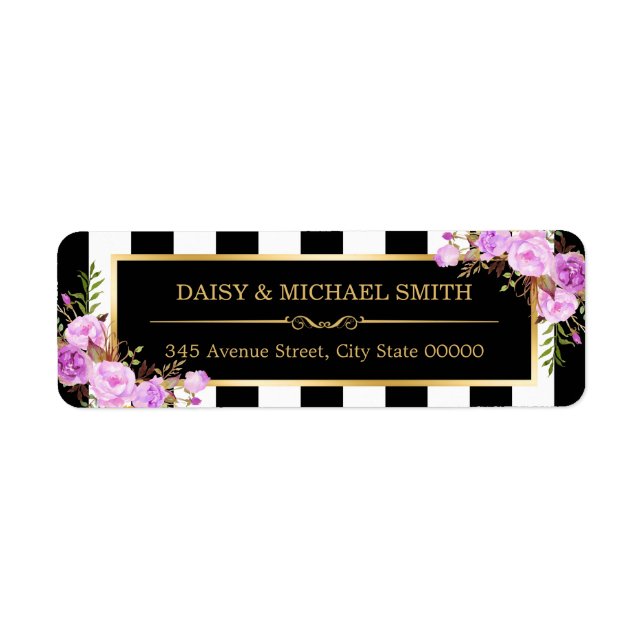 Purple Flowers Black White Stripes Gold Frame (Front)