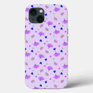 Purple Flowers Blue Hearts iPhone 13 Case