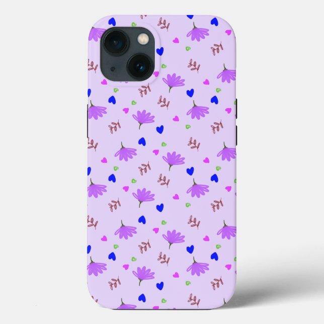 Purple Flowers Blue Hearts Case-Mate iPhone Case (Back)