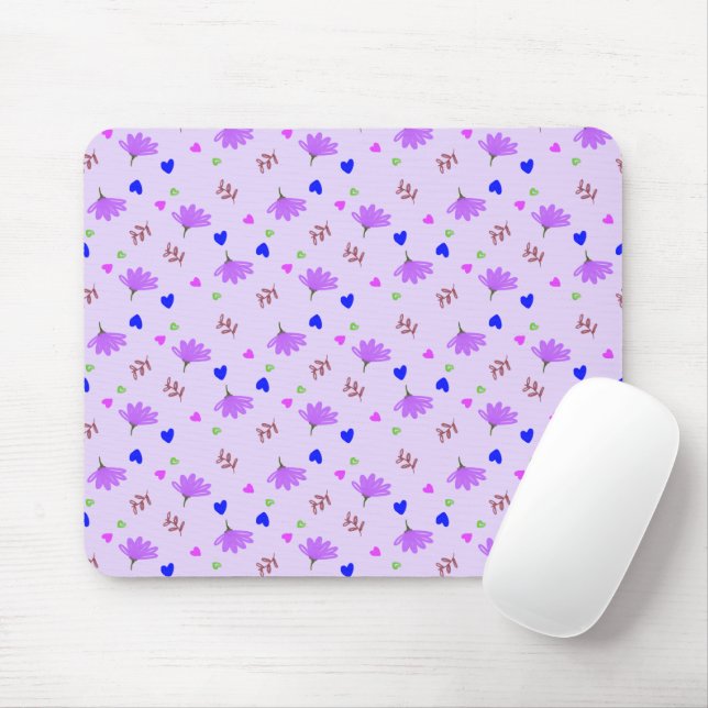 Purple Flowers Blue Hearts  Mouse Mat (With Mouse)