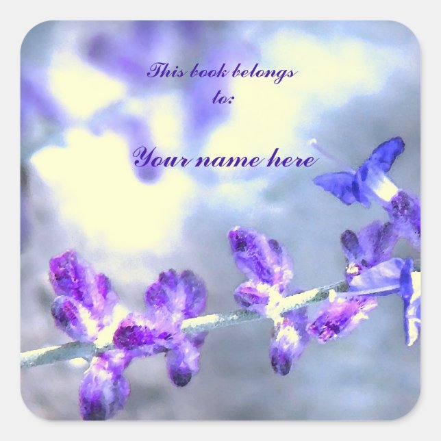 Purple Flowers Bookplate Square Sticker (Front)