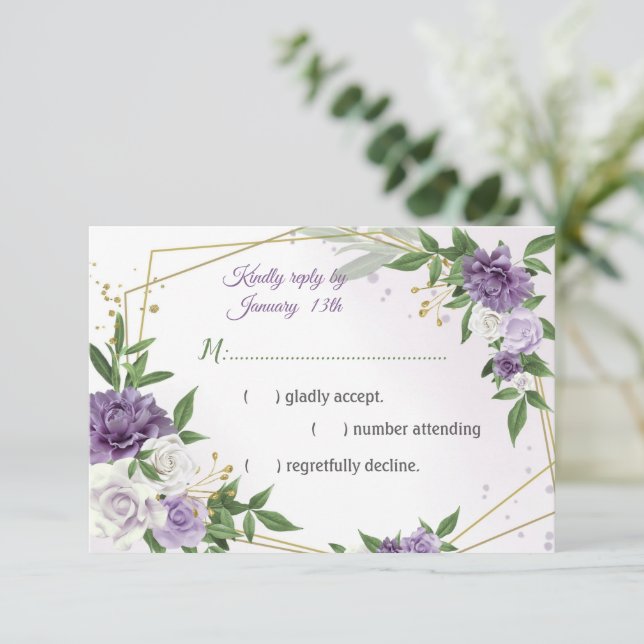 purple flowers botanical gold geometric RSVP card (Standing Front)