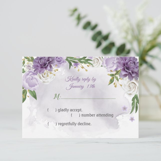 purple flowers botanical  RSVP card (Standing Front)