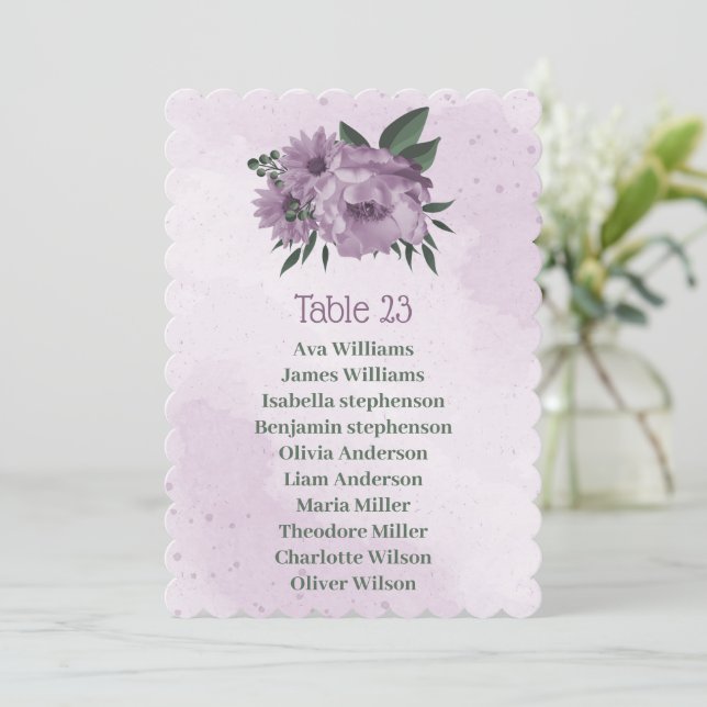 purple flowers botanical seating chart card (Standing Front)