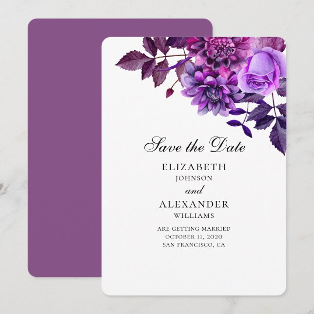 Purple flowers. Botanical watercolor save the date Invitation (Front/Back)