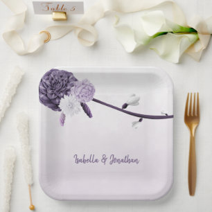 purple flowers botanical wedding paper plate