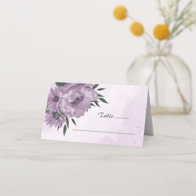 purple flowers botanical wedding place card (Front)
