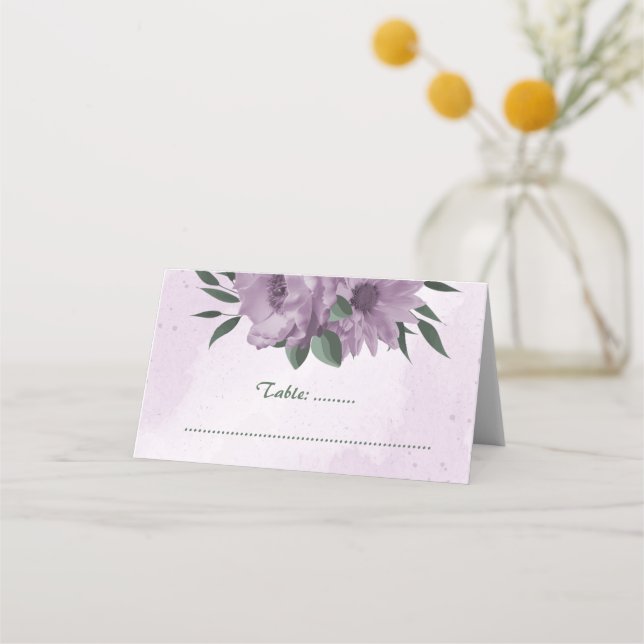 purple flowers botanical wedding place card (Front)