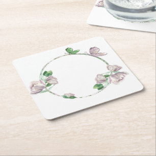 purple flowers butterflies greenery wreath square paper coaster