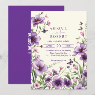 Purple flowers, butterflies, RSVP QR code wedding Invitation