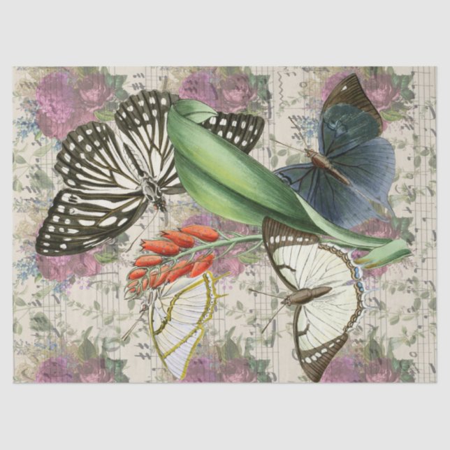 Purple Flowers, Butterflies with Music Decoupage Tissue Paper (Front)