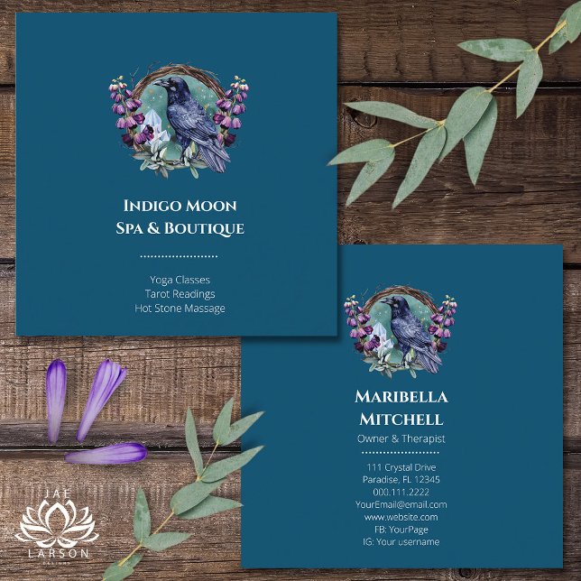 Purple Flowers Celestial Raven Crystals Wreath  Square Business Card (Creator Uploaded)