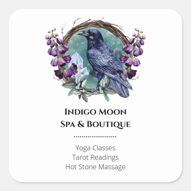 Purple Flowers Celestial Raven Crystals Wreath  Square Sticker (Front)