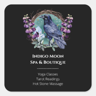 Purple Flowers Celestial Raven Crystals Wreath Square Sticker