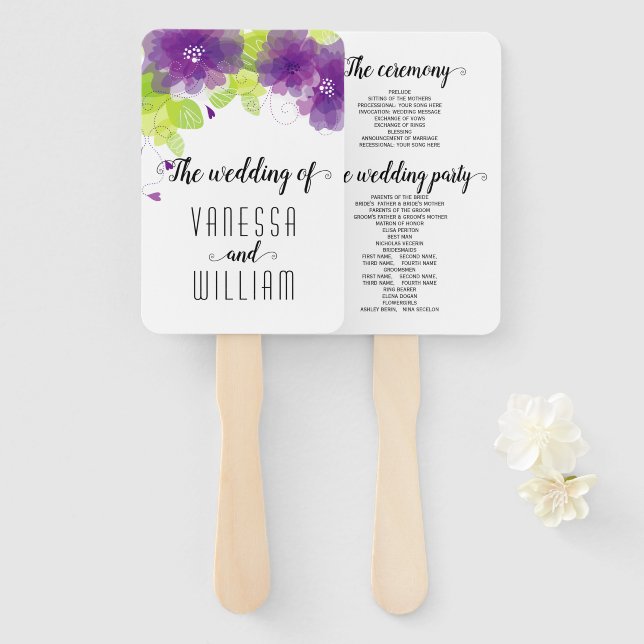 Purple flowers cursive script wedding program hand fan (Front and Back)