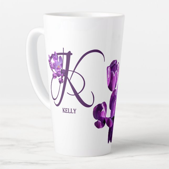 Purple flowers customisable Kelly name trendy boho Latte Mug (Left Angle)