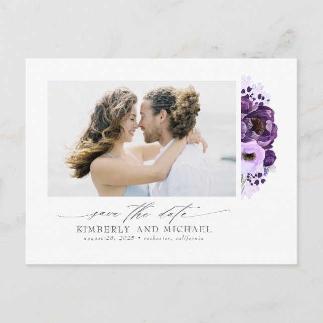 Purple Flowers Elegant Modern Save the Date Photo Announcement Postcard (Front)