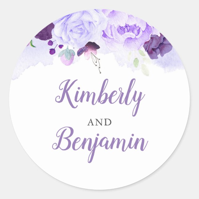 Purple Flowers Elegant Wedding Classic Round Sticker (Front)