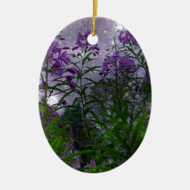 Purple Flowers Fantasy Night Ceramic Tree Decoration (Front)