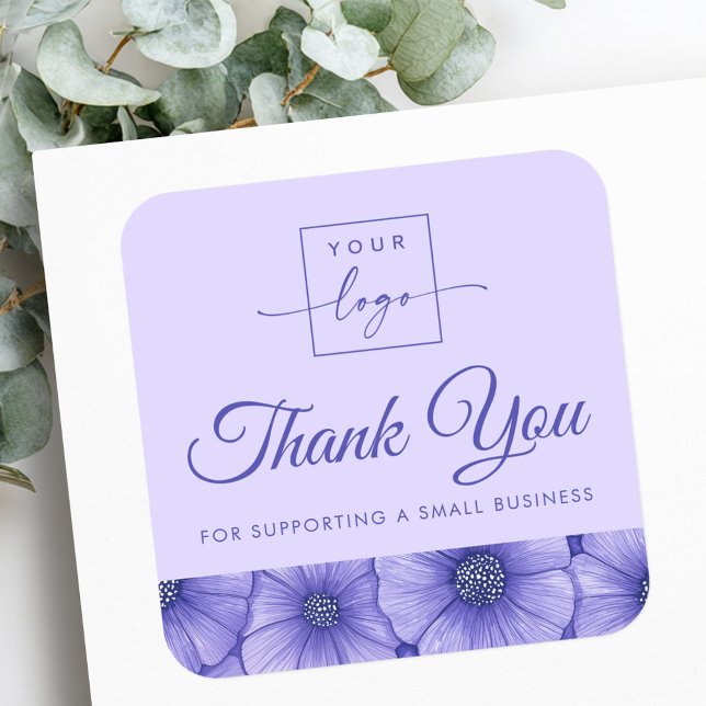 Purple flowers floral border business thank you square sticker (Purple flowers floral border business thank you square sticker)
