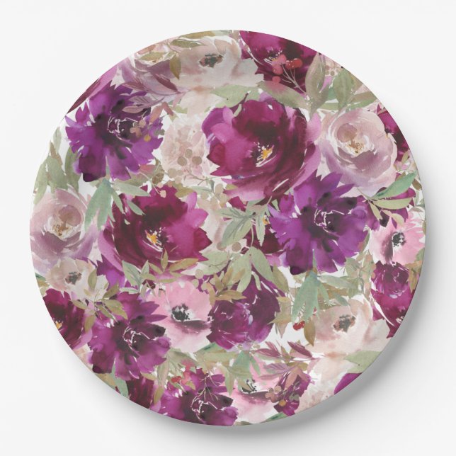 Purple Flowers Floral Paper Plates (Front)