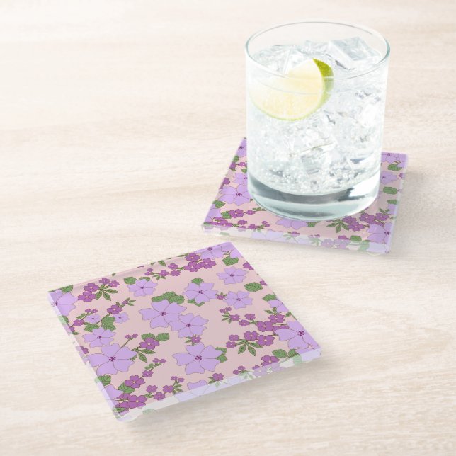 Purple Flowers, Floral Pattern, Pattern Of Flowers Glass Coaster (Angled)