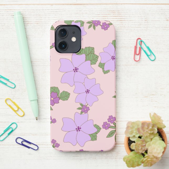 Purple Flowers, Floral Pattern, Pattern Of Flowers iPhone Case (On Desk)