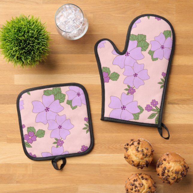 Purple Flowers, Floral Pattern, Pattern Of Flowers Oven Mitt & Pot Holder Set (Top Down)